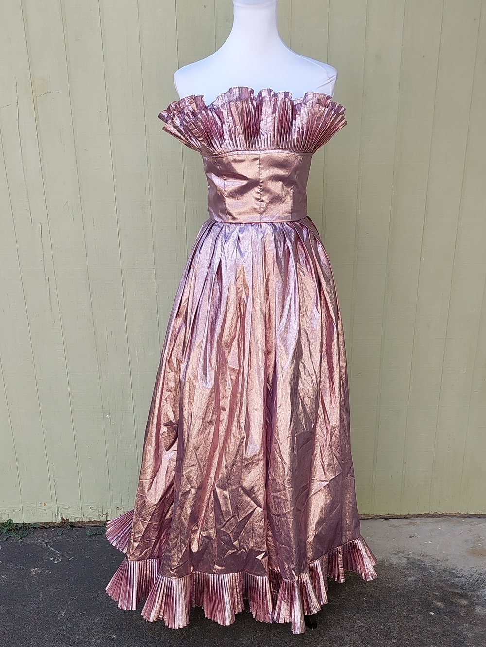 Vintage 1980s Victor Costa Metallic Pink Strapless Ruffle Gown Sz 4/6